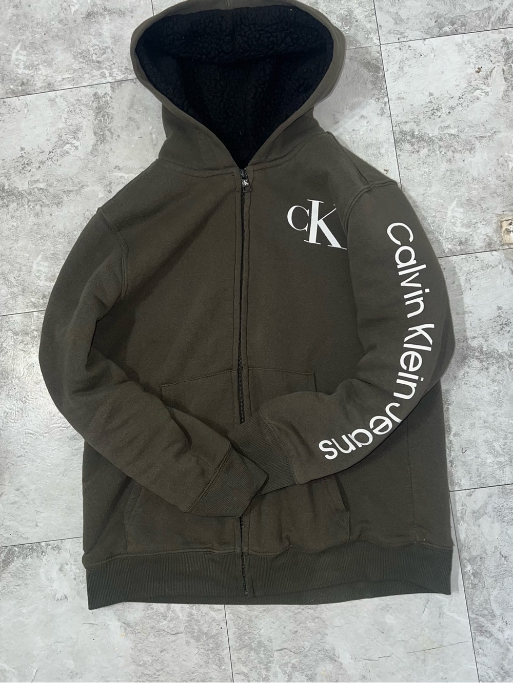 Calvin Klein Olive Zip-Up Hoodie with White CK Logo